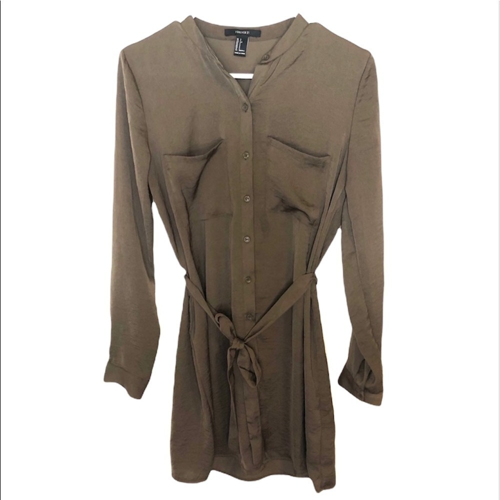 2/$15 Forever 21 - Olive Green Tie Waist Button Front Shirt Dress Size Small